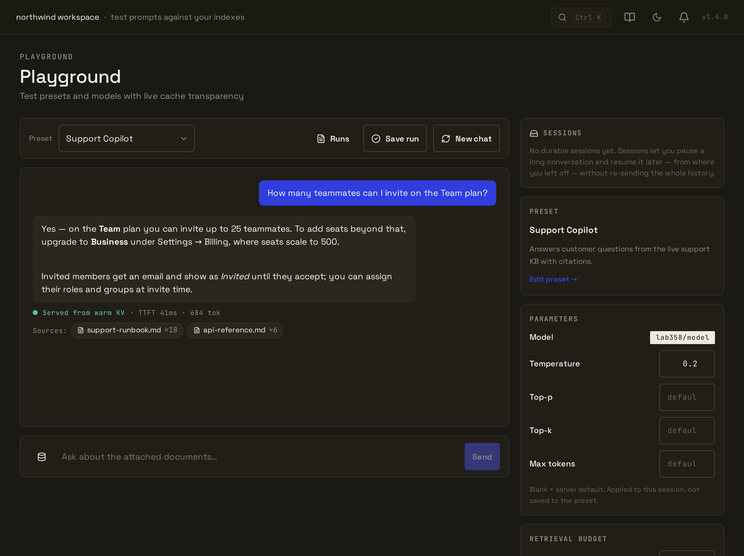 The lab358 console Playground answering a question from an indexed document, with a cache-hit badge and time-to-first-token shown on the message.