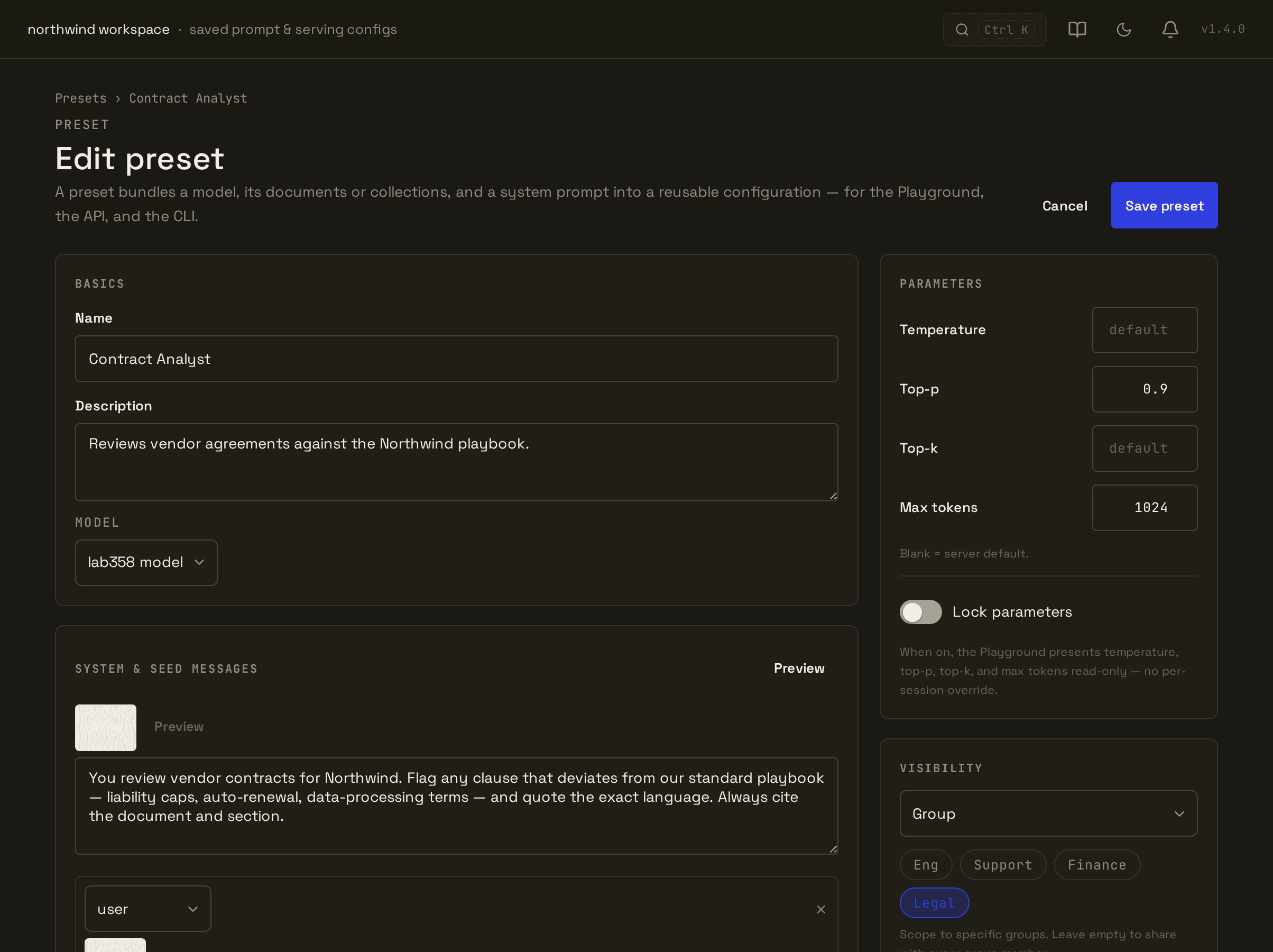 The lab358 console Presets screen showing saved presets that bundle a system prompt with a model and document configuration.